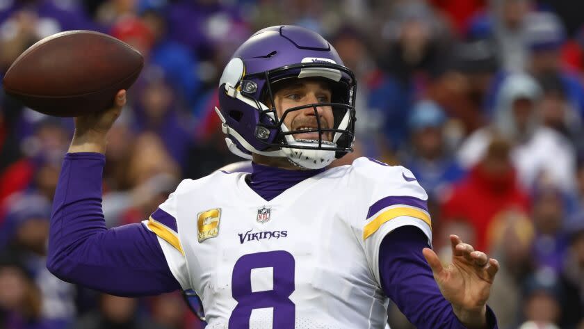 Minnesota Vikings quarterback Kirk Cousins in the second half of an NFL football game against the Buffalo Bills, Sunday, Nov. 13, 2022, in Orchard Park, N.Y. (AP Photo/Jeffrey T. Barnes)