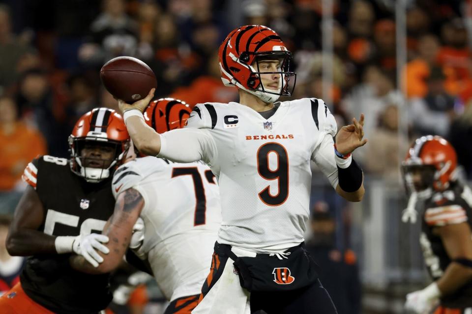 Cincinnati Bengals quarterback Joe Burrow throws the ball during a game against the Cleveland Browns.