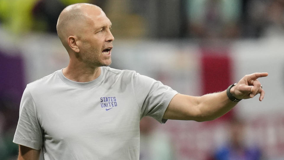 Head coach Gregg Berhalter of the United States follows the game during the World Cup group B soccer match between England and The United States, at the Al Bayt Stadium in Al Khor, Qatar, Friday, Nov. 25, 2022. (AP Photo/Andre Penner)