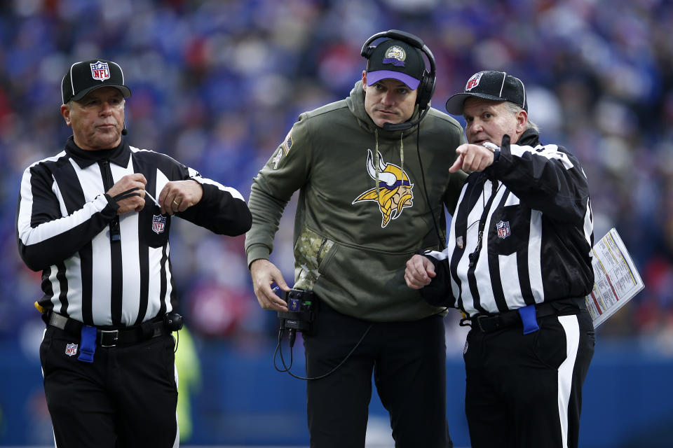 Minnesota Vikings head coach Kevin O'Connell talks to officials during a game against the Buffalo Bills on November 13, 2022 in Orchard Park, New York. (Photo by Isaiah Vazquez/Getty Images)