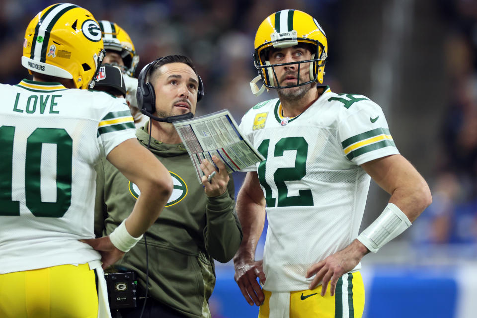 Green Bay Packers quarterback Aaron Rodgers (12) views a replay on the big screen with Green Bay Packers head coach Matt LaFleur during an NFL football game between the Detroit Lions and the Green Bay Packers in Detroit, Michigan USA, on Sunday, November 6, 2022. (Photo by Amy Lemus/NurPhoto via Getty Images)