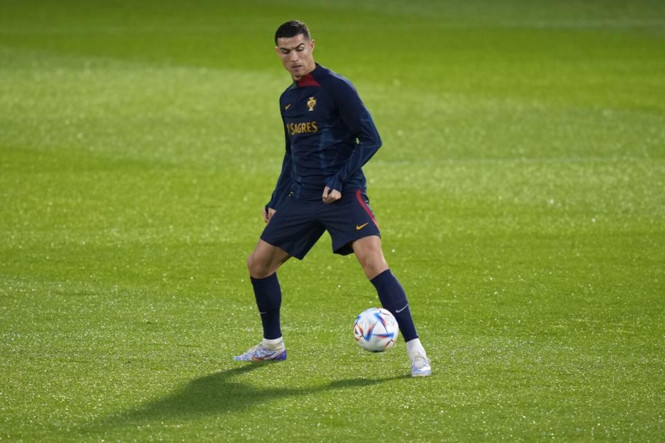 Portugal's Cristiano Ronaldo controls the ball during a training session on Monday.