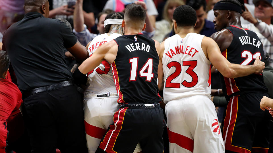 The Raptors and Heat got into a scuffle earlier this season and Chris Boucher played a big role from behind the scenes. (Photo by Megan Briggs/Getty Images)