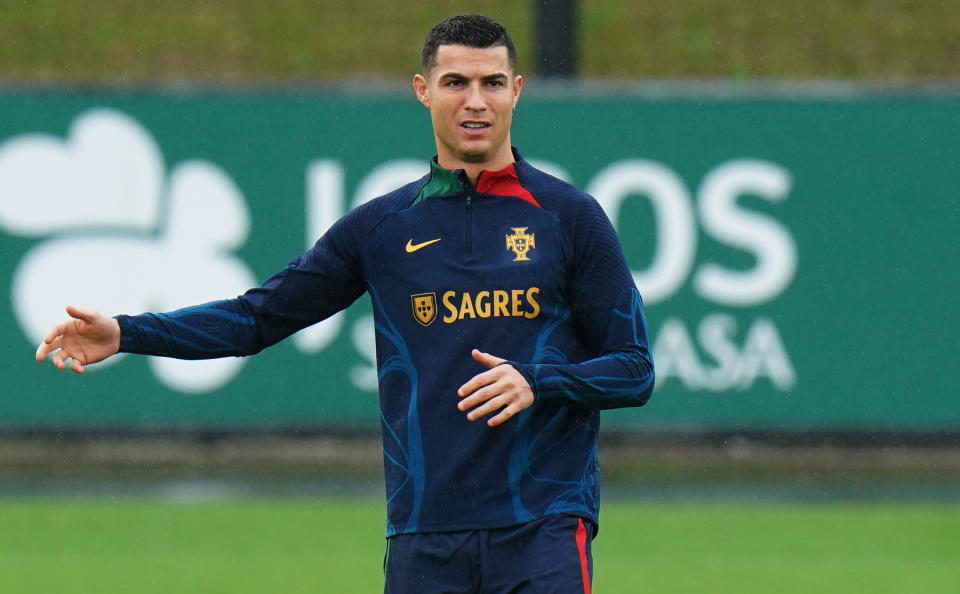 OEIRAS, PORTUGAL - NOVEMBER 15: Cristiano Ronaldo of Portugal in action during the Portugal Training and Press Conference at Cidade do Futebol FPF on November 15, 2022 in Oeiras, Portugal. (Photo by Gualter Fatia/Getty Images)