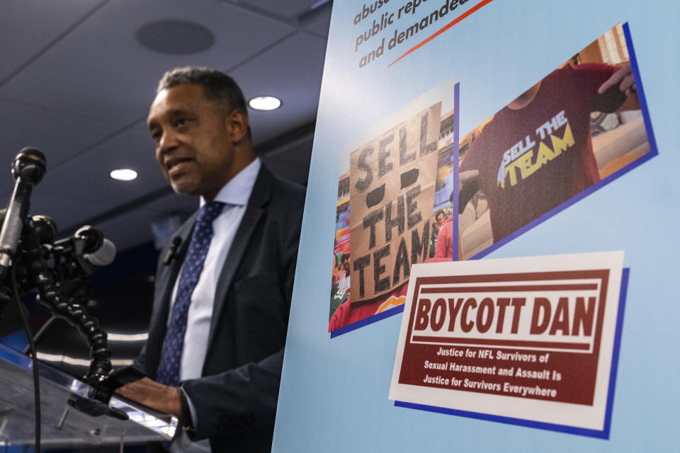 Washington, D.C. Attorney General Karl A. Racine speaks at a news conference announcing lawsuits against the Washington Commanders, owner Daniel Snyder, the NFL and commissioner Roger Goodell on November 10, 2022. (Tom Williams/CQ-Roll Call, Inc via Getty Images)