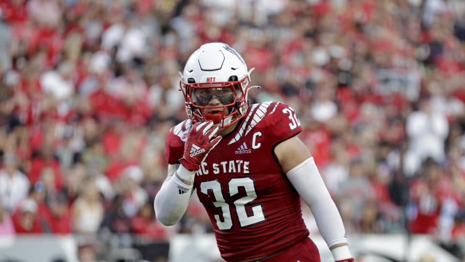 North Carolina State linebacker Drake Thomas (32) gets ready for play to start during the first half of an NCAA college football game against Boston College Saturday, Nov. 12, 2022, in Raleigh, N.C. (AP Photo/Chris Seward)