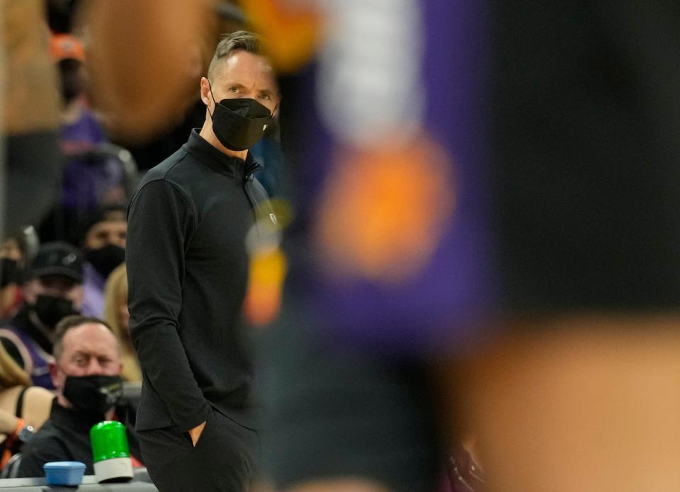 Feb 1, 2022; Phoenix, Arizona, United States; Brooklyn Nets head coach Steve Nash watches his team play against the Phoenix Suns during the first quarter at Footprint Center. Mandatory Credit: Michael Chow-Arizona Republic