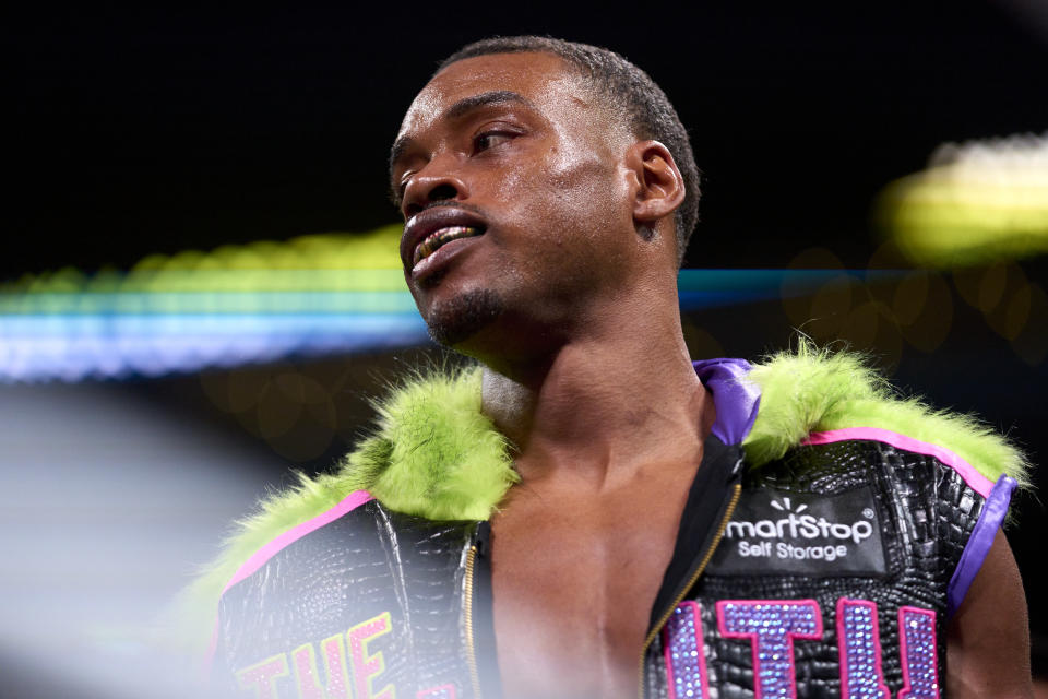 ARLINGTON, TX - APRIL 16: Errol Spence Jr. enters the ring against Yordenis Ugas at AT&T Stadium on April 16, 2022 in Arlington, Texas. (Photo by Cooper Neill/Getty Images)