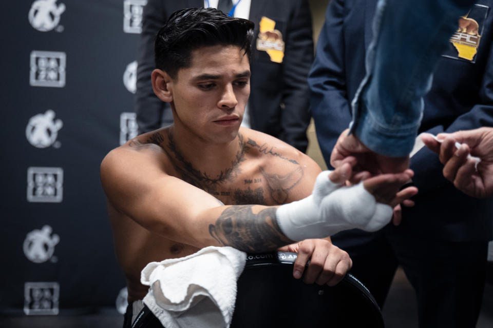 LOS ANGELES, CALIFORNIA - JULY 16: Ryan Garcia prepares for his fight with Javier Fortuna in his dressing room on July 16, 2022 in Los Angeles, California. (Photo by Sye Williams/Getty Images)