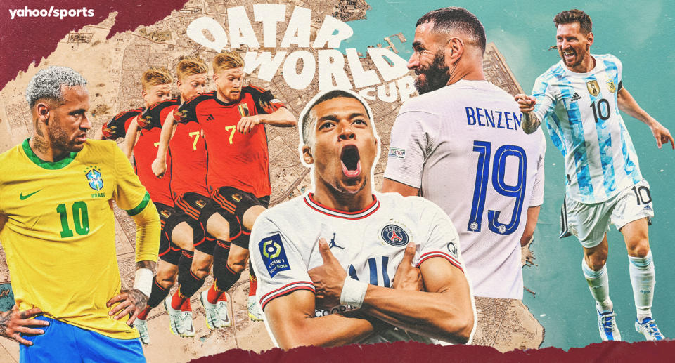 (L-R) Neymar, Kevin De Bruyne, Kylian Mbappé, Karim Benzema and Lionel Messi head to Qatar as some of the best players in the World Cup. (Amber Matsumoto/Yahoo Sports)