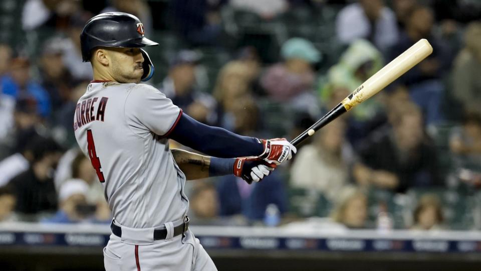 Sep 30, 2022; Detroit, Michigan, USA; Minnesota Twins shortstop Carlos Correa (4) hits a single in the fifth inning against the Detroit Tigers at Comerica Park