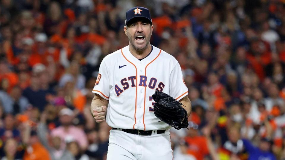 Oct 19, 2022; Houston, Texas, USA; Houston Astros starting pitcher Justin Verlander (35) reacts after striking out Houston Astros second baseman Jose Altuve (not pictured) to end the sixth inning in game one of the ALCS for the 2022 MLB Playoffs at Minute Maid Park.