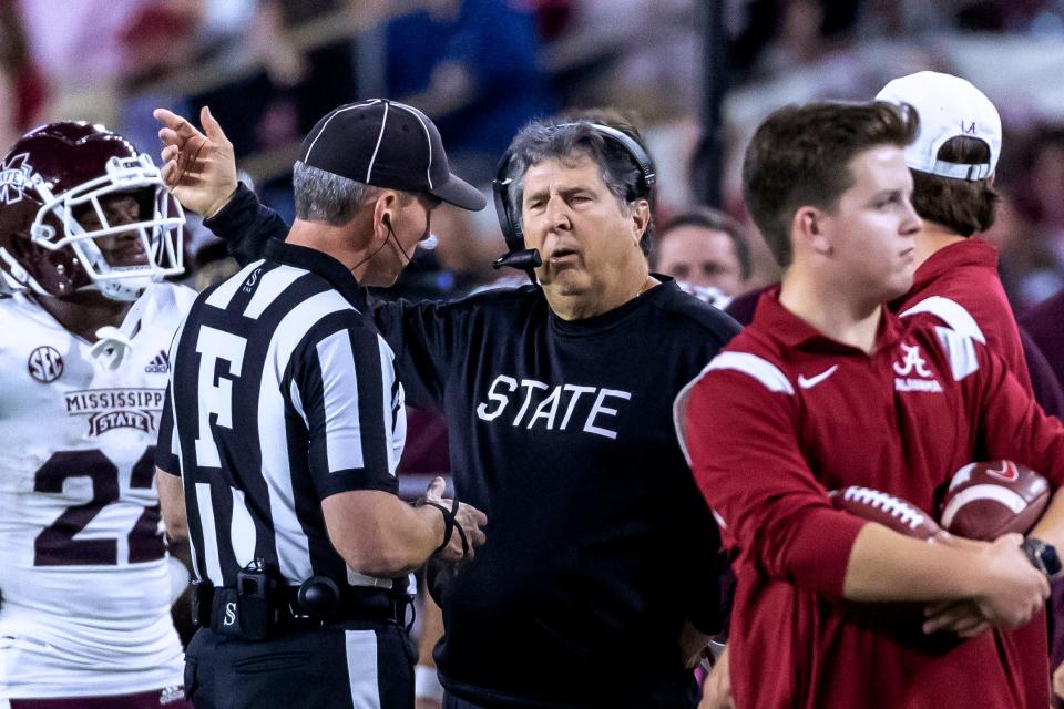 Mississippi State coach Mike Leach argues a call during the first half of the team's NCAA college football game against Alabama, Saturday, Oct. 22, 2022, in Tuscaloosa, Ala. (AP Photo/Vasha Hunt)