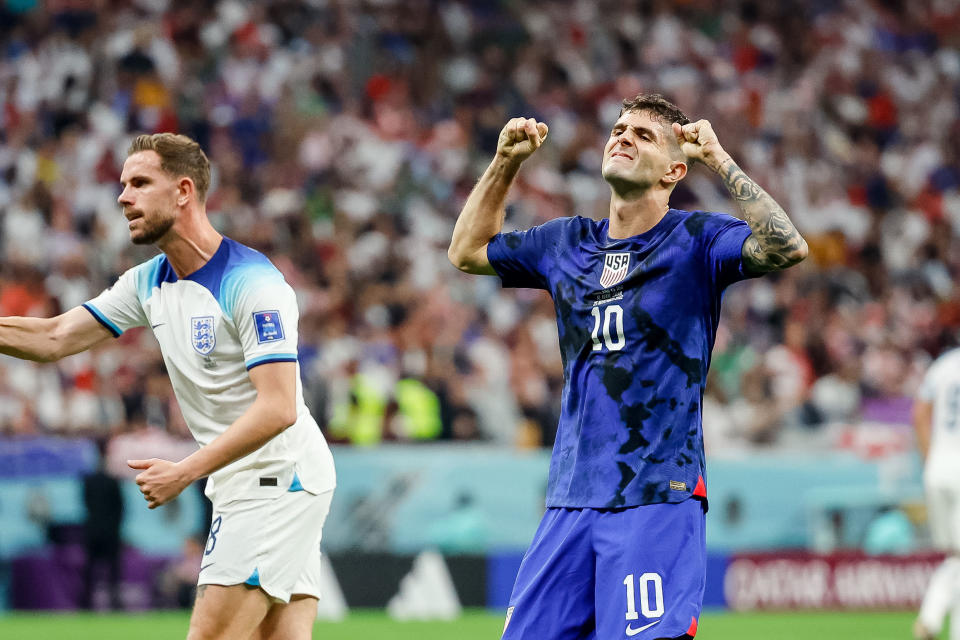 USA's Christian Pulisic reacts during the World Cup match between England and USA on Nov. 25. (Berengui/DeFodi Images via Getty Images)