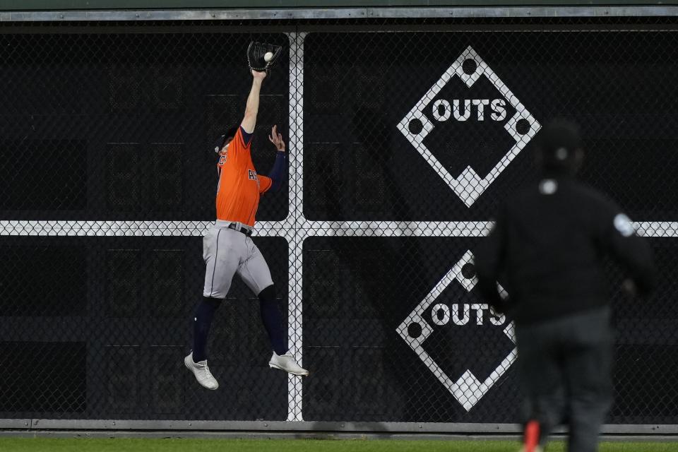 Astros center fielder Chas McCormick makes the game-saving catch in the ninth inning of Game 5 of the World Series.