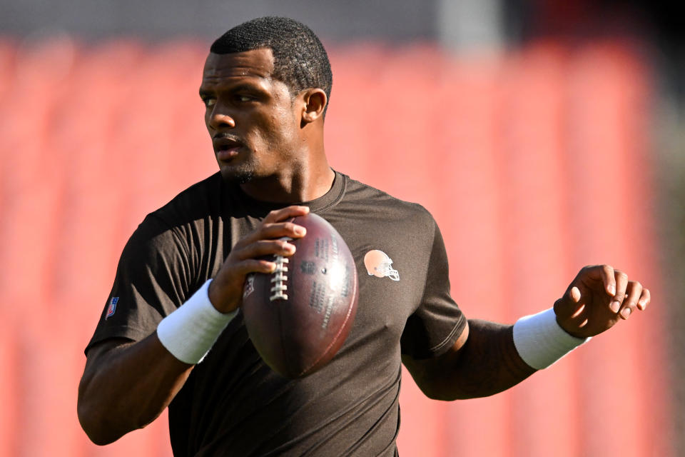 CLEVELAND, OH - AUGUST 27: Deshaun Watson #4 of the Cleveland Browns warms up prior to a preseason game against the Chicago Bears at FirstEnergy Stadium on August 27, 2022 in Cleveland, Ohio. (Photo by Nick Cammett/Diamond Images via Getty Images)