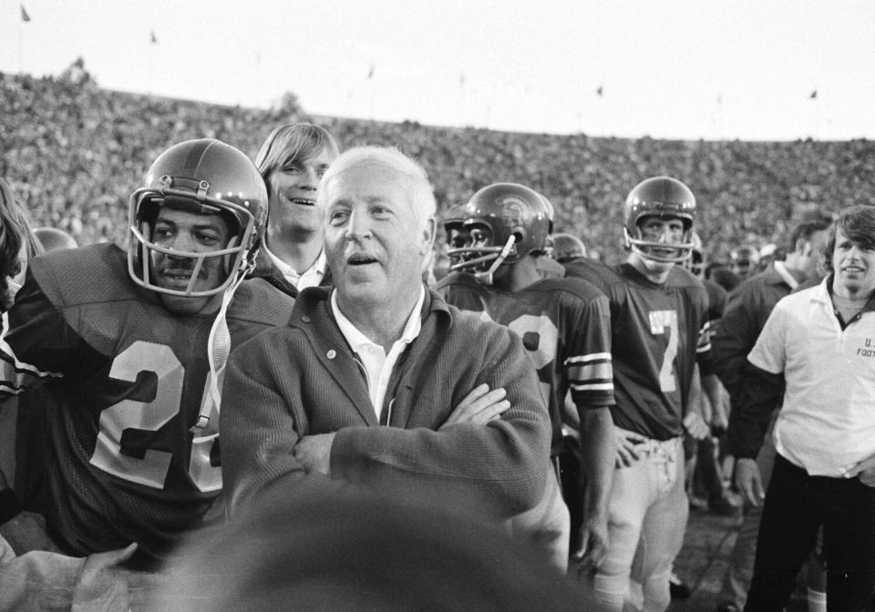 USC coach John McKay watches the Trojans defeat Ohio State in the Rose Bowl game Jan. 1, 1973.