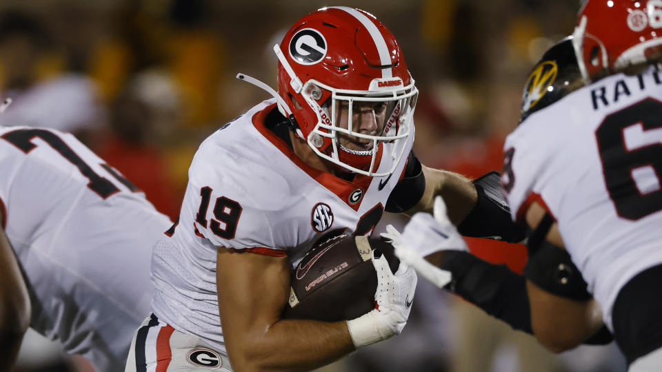 Georgia tight end Brock Bowers during an NCAA football game on Saturday, Oct. 1, 2022 in Columbia, Mo.(AP Photo/Colin E. Braley)