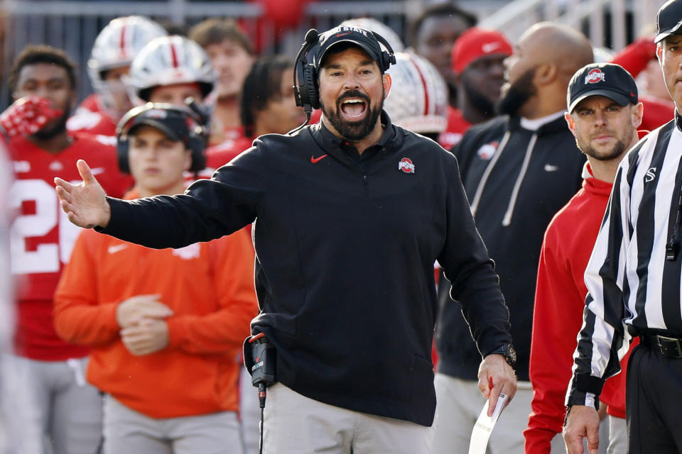 Ohio State head coach Ryan Day watched his team get pushed around in its second straight loss to rival Michigan on Saturday, Nov. 26, 2022, in Columbus, Ohio. (AP Photo/Jay LaPrete)