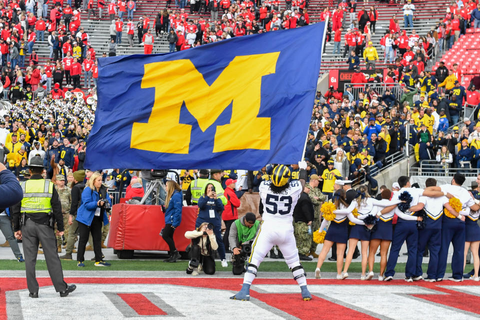 Michigan celebrated a big win over Ohio State on November 26, 2022 in Columbus, Ohio. Is 12-0 Michigan already a lock to make the College Football Playoff? (Photo by Aaron J. Thornton/Getty Images)