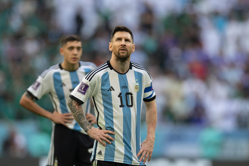 LUSAIL, QATAR - NOVEMBER 22: Lionel Messi of Argentina looks to the sky during the FIFA World Cup Qatar 2022 Group C match between Argentina (1) and Saudi Arabia (2) at Lusail Stadium on November 22, 2022 in Lusail City, Qatar. (Photo by Simon Bruty/Anychance/Getty Images)