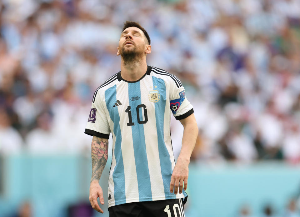 LUSAIL CITY, QATAR - NOVEMBER 22: Lionel Messi of Argentina reacts during the FIFA World Cup Qatar 2022 Group C match between Argentina and Saudi Arabia at Lusail Stadium on November 22, 2022 in Lusail City, Qatar. (Photo by Catherine Ivill/Getty Images)