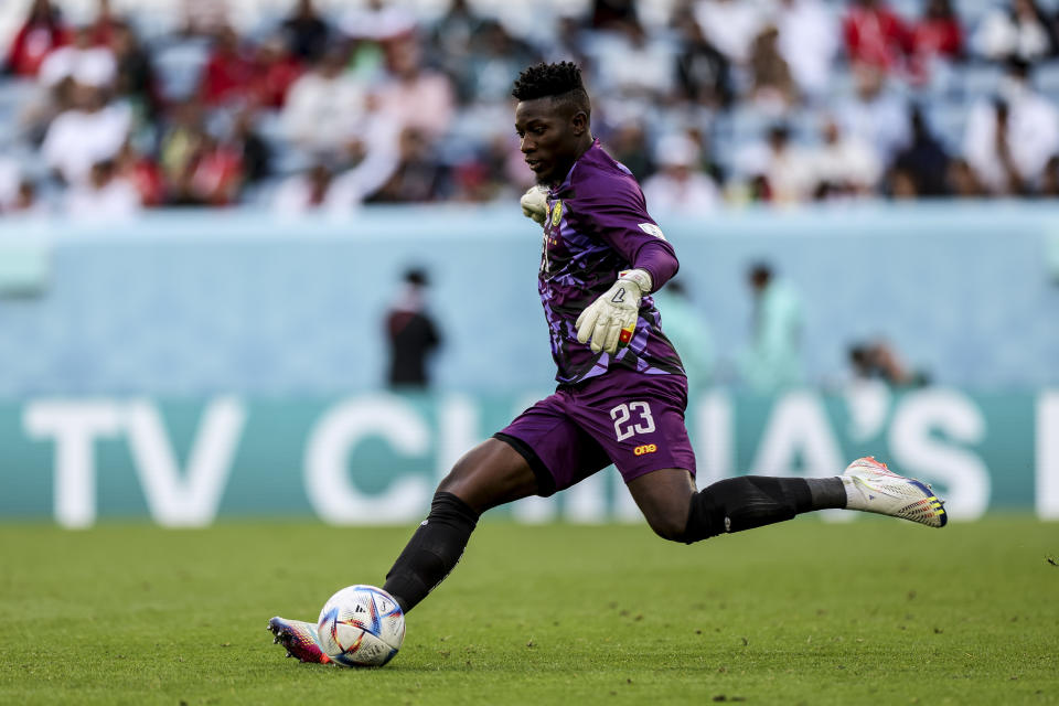 AL WAKRAH, QATAR - NOVEMBER 24: Andre Onana of Cameroon during the FIFA World Cup Qatar 2022 Group G match between Switzerland and Cameroon at Al Janoub Stadium on November 24, 2022 in Al Wakrah, Qatar. (Photo by Maja Hitij - FIFA/FIFA via Getty Images)