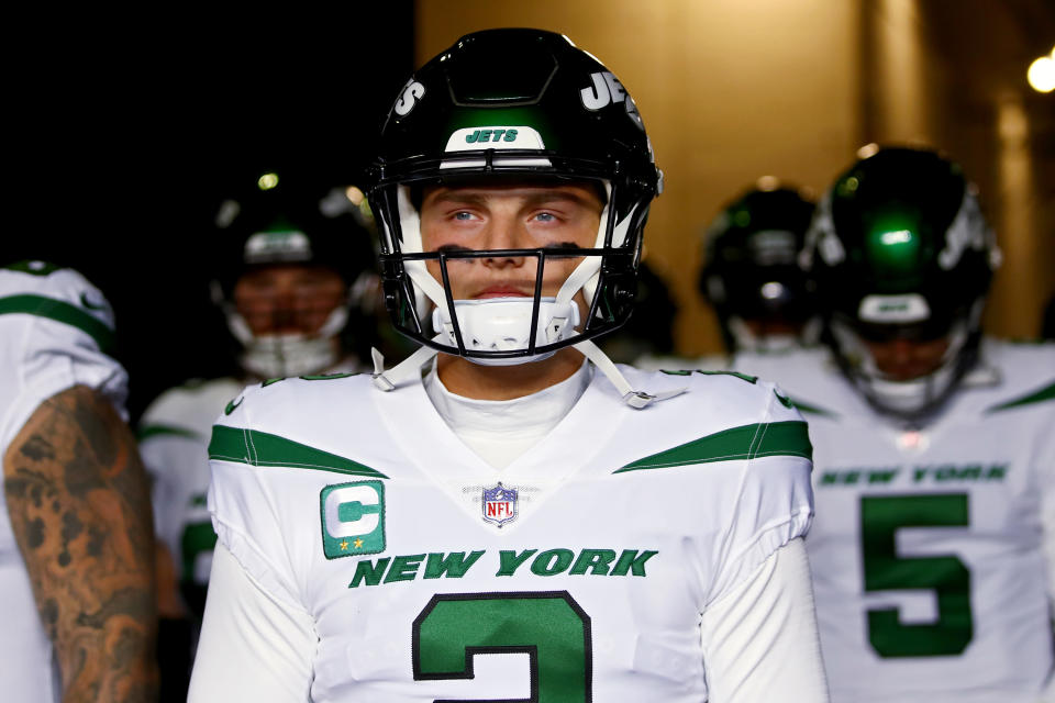 Zach Wilson's leadership, or seeming lack thereof, was reportedly not well-received by his teammates in the Jets' locker room. (Photo by Adam Glanzman/Getty Images)