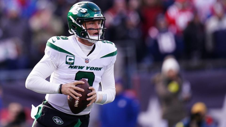 Nov 20, 2022; Foxborough, Massachusetts, USA; New York Jets quarterback Zach Wilson (2) looks to pass against the New England Patriots in the first quarter at Gillette Stadium.