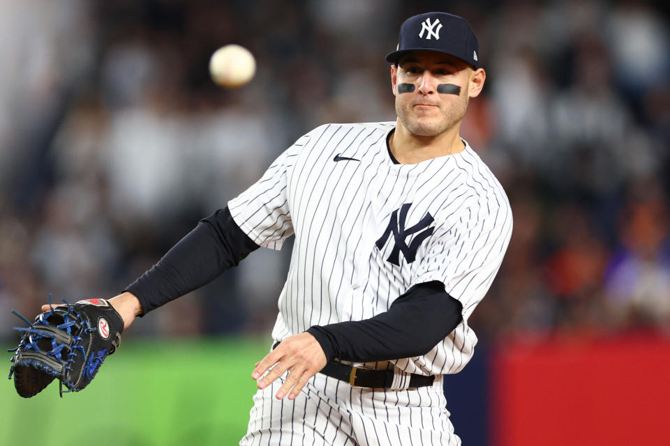 Veteran first baseman Anthony Rizzo is reportedly sticking with the Yankees on a two-year deal with a club option for 2025. (Photo by Elsa/Getty Images)