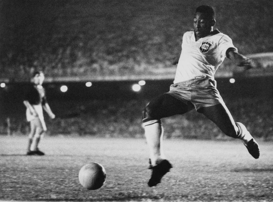 Brazilian footballer Pele playing for Brazil, circa 1958. (Photo by Pictorial Parade/Archive Photos/Getty Images)