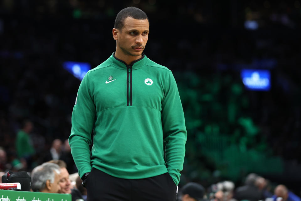 BOSTON, MASSACHUSETTS - OCTOBER 28: Boston Celtics interim head coach Joe Mazzulla looks on during the first half at TD Garden on October 28, 2022 in Boston, Massachusetts. NOTE TO USER: User expressly acknowledges and agrees that, by downloading and or using this photograph, User is consenting to the terms and conditions of the Getty Images License Agreement. (Photo by Maddie Meyer/Getty Images)