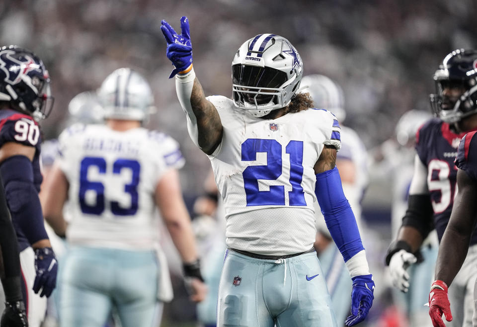 Ezekiel Elliott scored the go-ahead touchdown with 41 seconds left as the Dallas Cowboys avoided a humiliating loss against the Houston Texans and their NFL-worst record. (AP Photo/Tony Gutierrez)