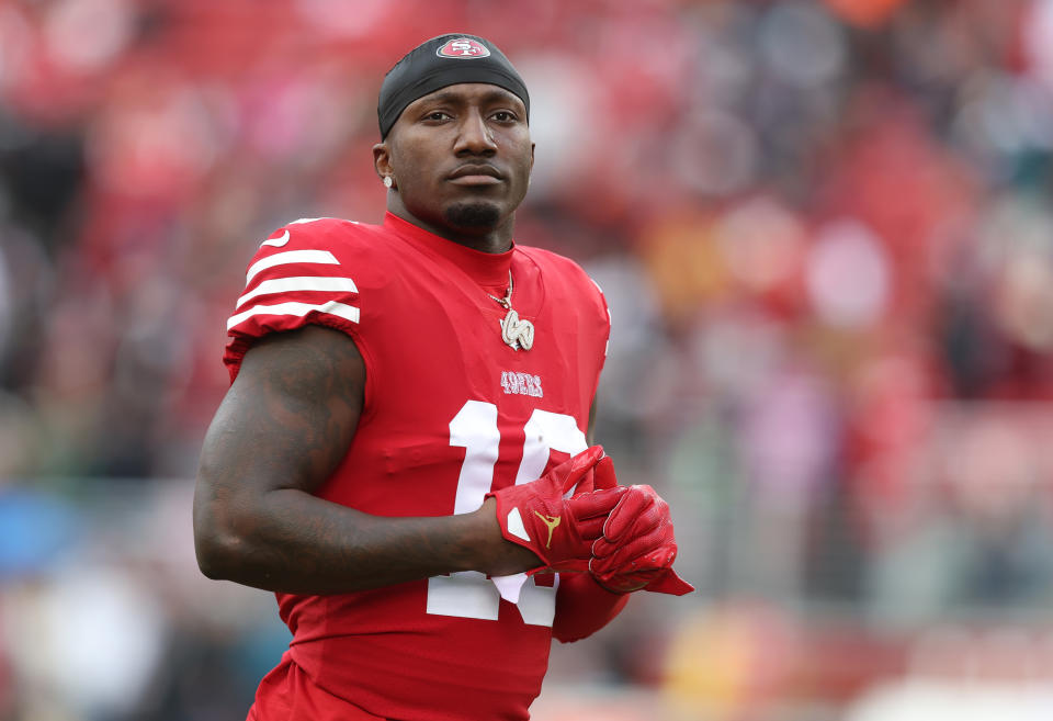 SANTA CLARA, CALIFORNIA - DECEMBER 11: Deebo Samuel #19 of the San Francisco 49ers looks on prior to the game against the Tampa Bay Buccaneers at Levi's Stadium on December 11, 2022 in Santa Clara, California. (Photo by Lachlan Cunningham/Getty Images)