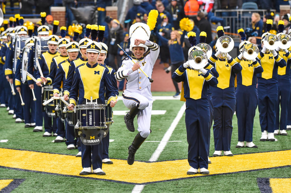 The Michigan Wolverines marching mand, led by Drum Major Kelly Bertoni, plays before a game against the Ohio State Buckeyes at Michigan Stadium on Nov. 30, 2019 in Ann Arbor, Mich. (Photo by Aaron J. Thornton/Getty Images)