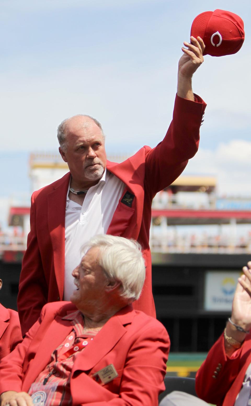 Tom Browning tips his cap to the fans during the Reds Hall of Fame Class of 2012 ceremonies.