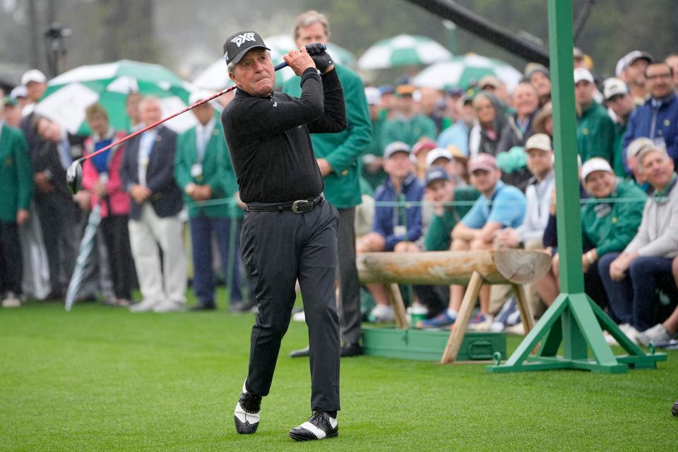 Apr 7, 2022; Augusta, Georgia, USA; Honorary starter Gary Player tees off from no. 1 during the first round of The Masters golf tournament at Augusta National Golf Club. Mandatory Credit: Adam Cairns-Augusta Chronicle/USA TODAY Sports