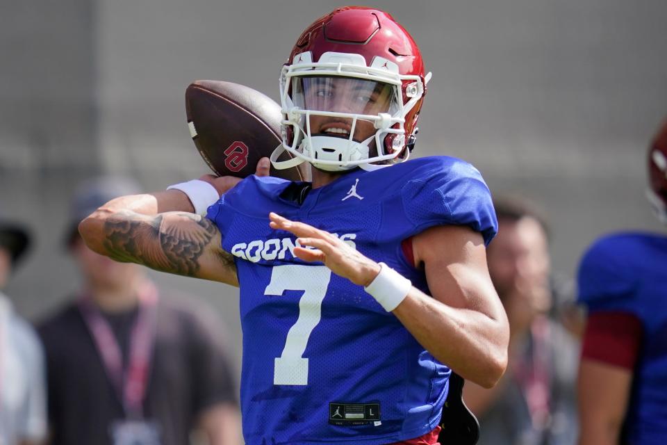 Oklahoma quarterback Nick Evers throws during practice Aug. 8, 2022, in Norman, Okla.