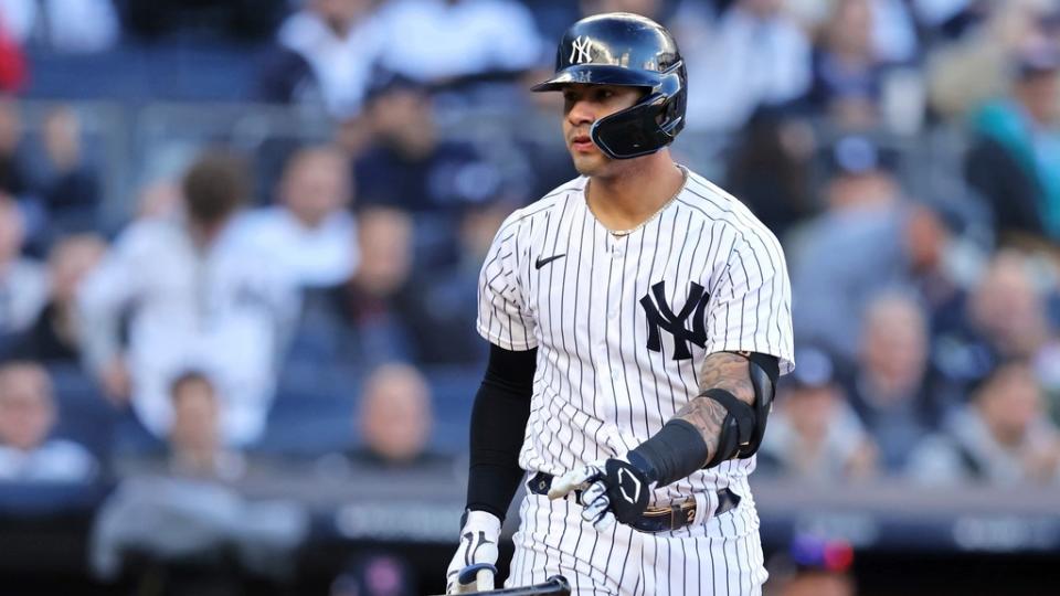Oct 18, 2022; Bronx, New York, USA; New York Yankees second baseman Gleyber Torres (25) reacts after walking against the Cleveland Guardians during the first inning in game five of the ALDS for the 2022 MLB Playoffs at Yankee Stadium
