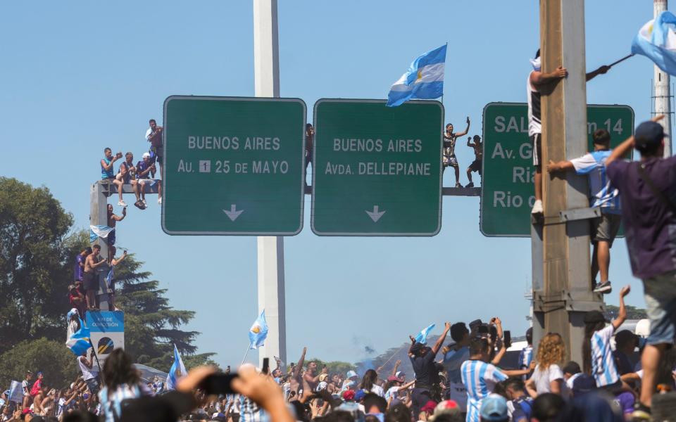 The Argentine soccer team is welcomed home after it won the World Cup tournament in Buenos Aires, Argentina - AP