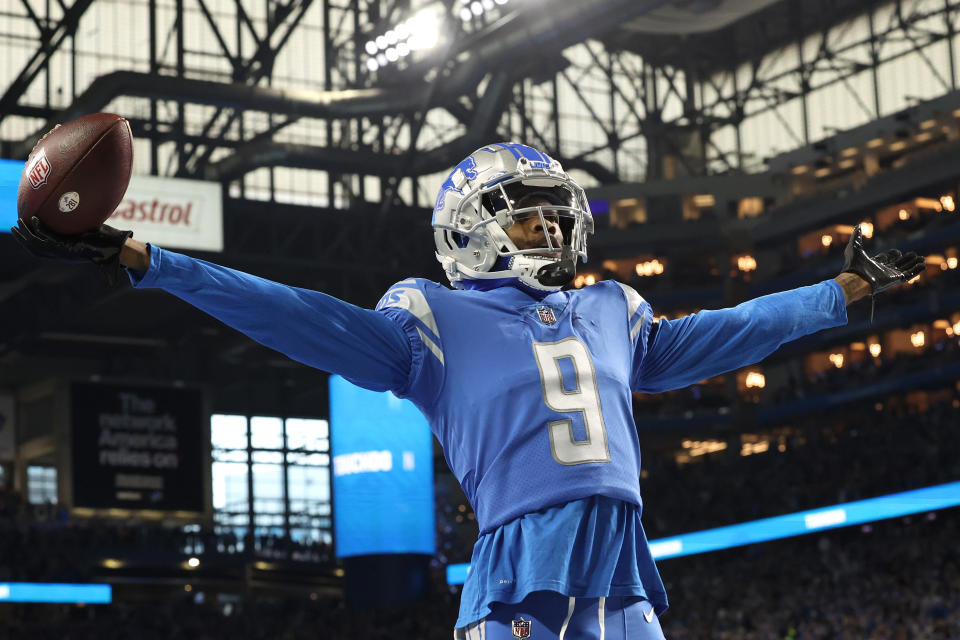 DETROIT, MICHIGAN - DECEMBER 11: Jameson Williams #9 of the Detroit Lions celebrates a touchdown during the first quarter of the game against the Minnesota Vikings at Ford Field on December 11, 2022 in Detroit, Michigan. (Photo by Rey Del Rio/Getty Images)