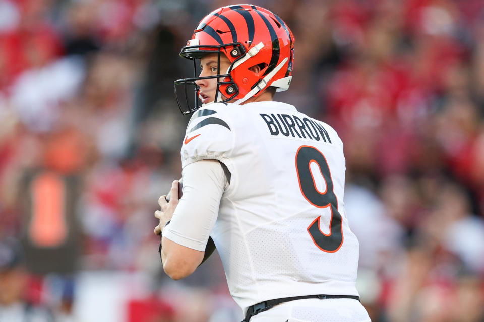 Dec 18, 2022; Tampa, Florida, USA; Cincinnati Bengals quarterback Joe Burrow (9) drops back to pass against the Tampa Bay Buccaneers in the first quarter at Raymond James Stadium. Mandatory Credit: Nathan Ray Seebeck-USA TODAY Sports