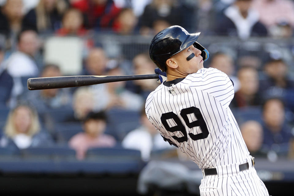 Aaron Judge slugs a home run against the Cleveland Guardians in Game 5 of the American League Division Series at Yankee Stadium. (Photo by Sarah Stier/Getty Images)