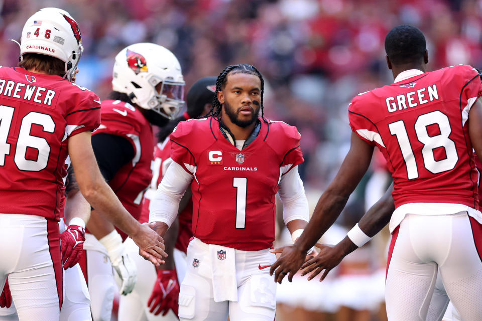 GLENDALE, ARIZONA - NOVEMBER 27: Kyler Murray #1 of the Arizona Cardinals is introduced prior to a game against the Los Angeles Chargers at State Farm Stadium on November 27, 2022 in Glendale, Arizona. (Photo by Christian Petersen/Getty Images)