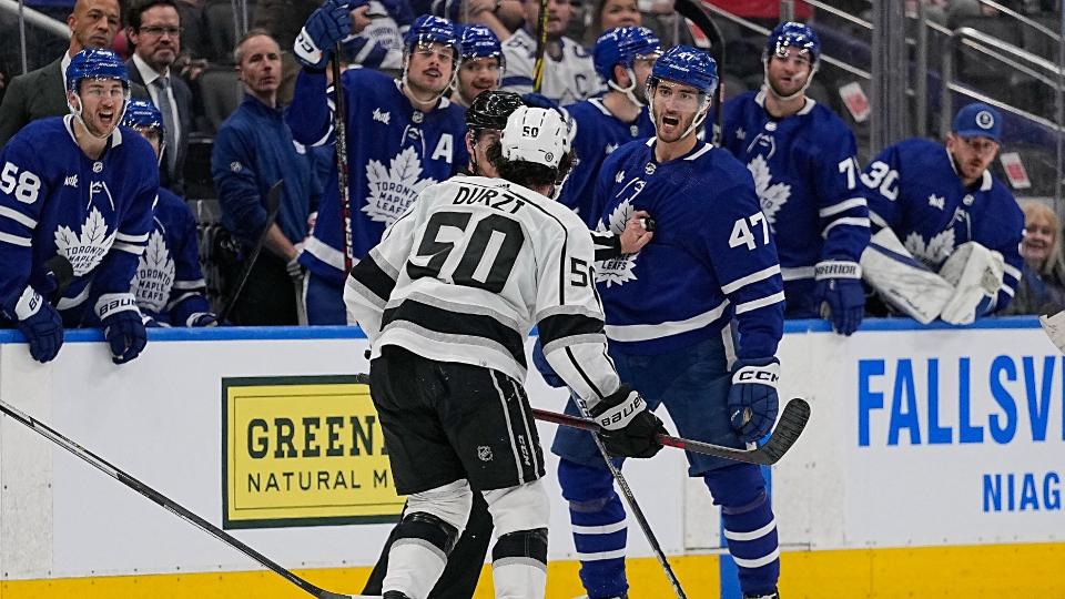 Pierre Engvall was tossed from the Toronto Maple Leafs' 5-0 win over the the Los Angeles Kings for swinging his stick at former Leafs prospect Sean Durzi's head. (Reuters)