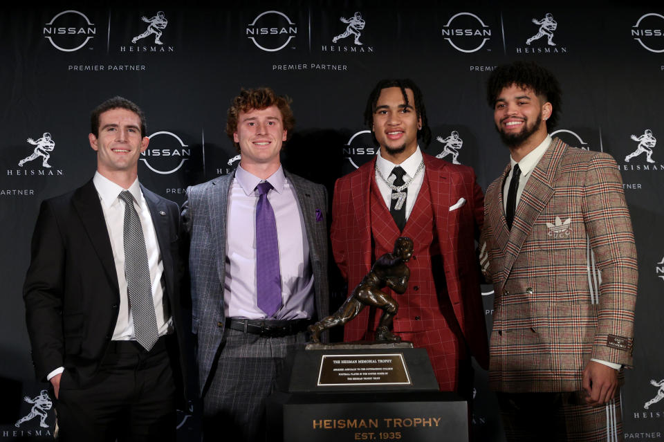 (From left) Georgia quarterback Stetson Bennett, TCU quarterback Max Duggan, Ohio State quarterback C.J. Stroud and USC quarterback Caleb Williams were the four finalists for this year's Heisman Trophy. Williams won it and Duggan finished second. (Photo by Sarah Stier/Getty Images)