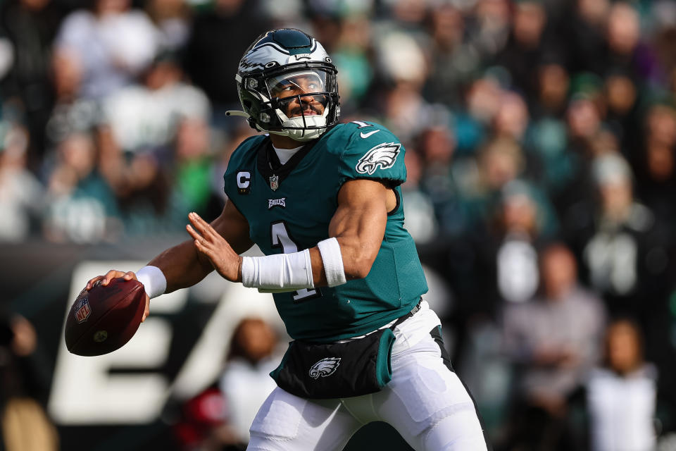 PHILADELPHIA, PA - DECEMBER 04: Jalen Hurts #1 of the Philadelphia Eagles attempts a pass during the first half of the game against the Tennessee Titans at Lincoln Financial Field on December 4, 2022 in Philadelphia, Pennsylvania. (Photo by Scott Taetsch/Getty Images)