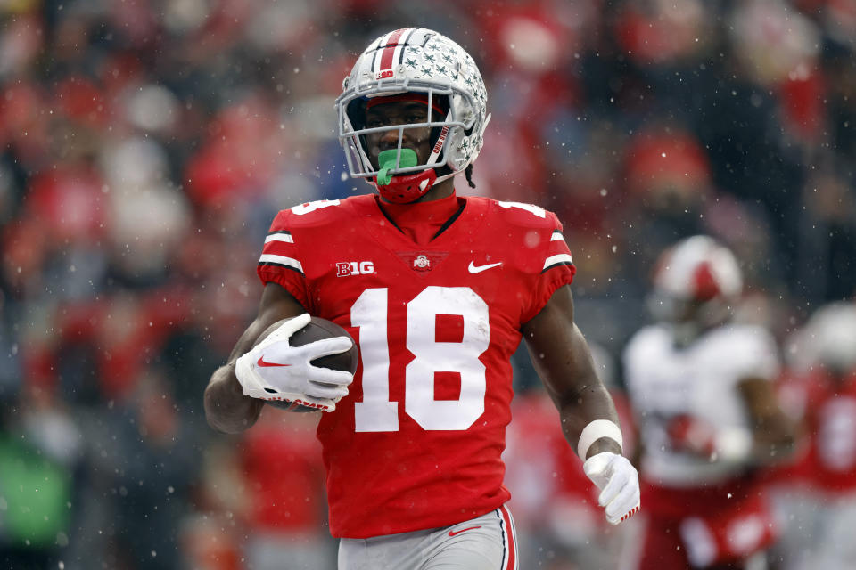 Ohio State wide receiver Marvin Harrison makes a catch against Indiana during an NCAA college football game Saturday, Nov. 12, 2022 in Columbus, Ohio. Ohio State won 56-14. (AP Photo/Paul Vernon)