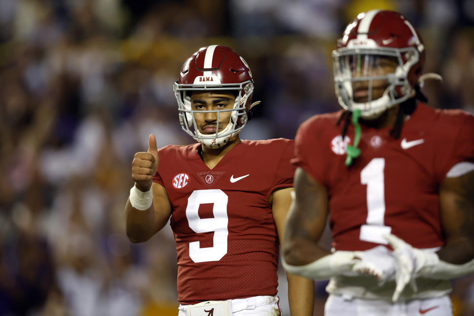 Alabama quarterback Bryce Young (9) during the first half of an NCAA college football game against LSU in Baton Rouge, La., Saturday, Nov. 5, 2022. (AP Photo/Tyler Kaufman)