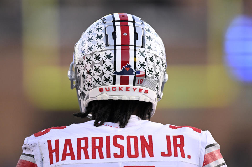 COLLEGE PARK, MARYLAND - NOVEMBER 19: A view of the achievement stickers on the helmet of Marvin Harrison Jr. #18 of the Ohio State Buckeyes during the game against the Maryland Terrapins at SECU Stadium on November 19, 2022 in College Park, Maryland. (Photo by G Fiume/Getty Images)